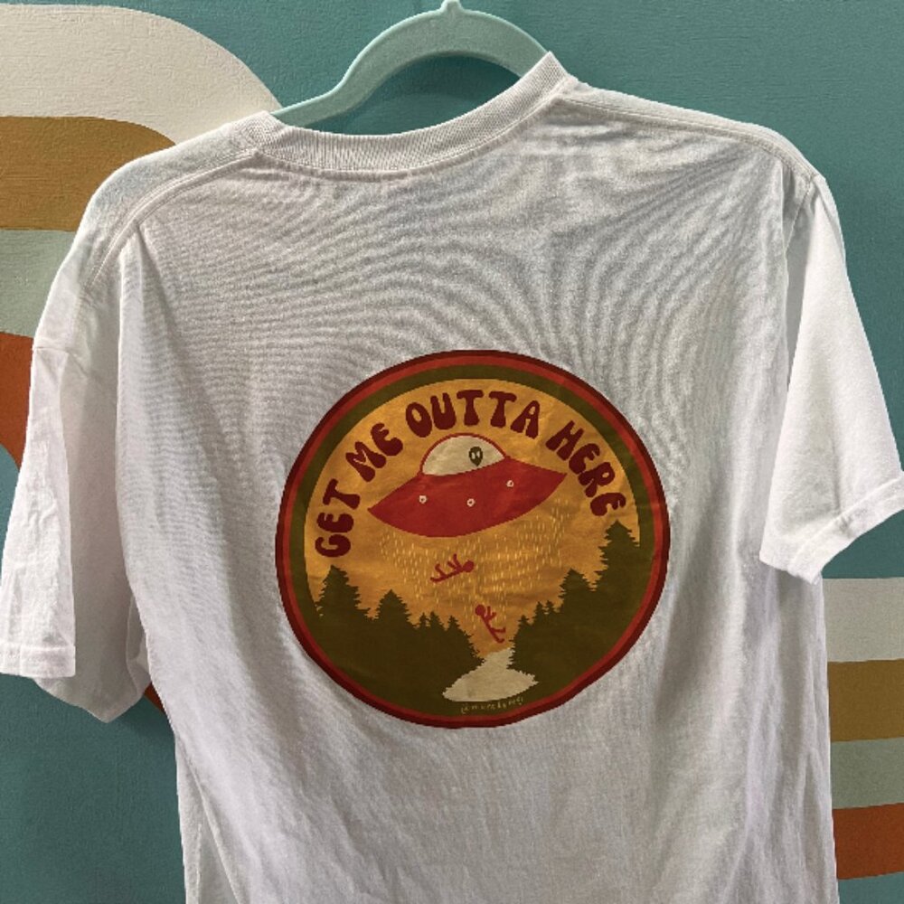 "get me outta here" white tee (image on back) (size M)
